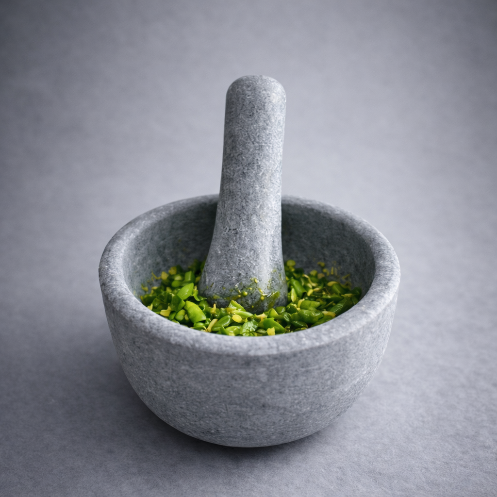 “Grey soapstone mortar and pestle with freshly crushed green chilies on a neutral studio background, natural stone kitchen grinder for spices and chutneys.”